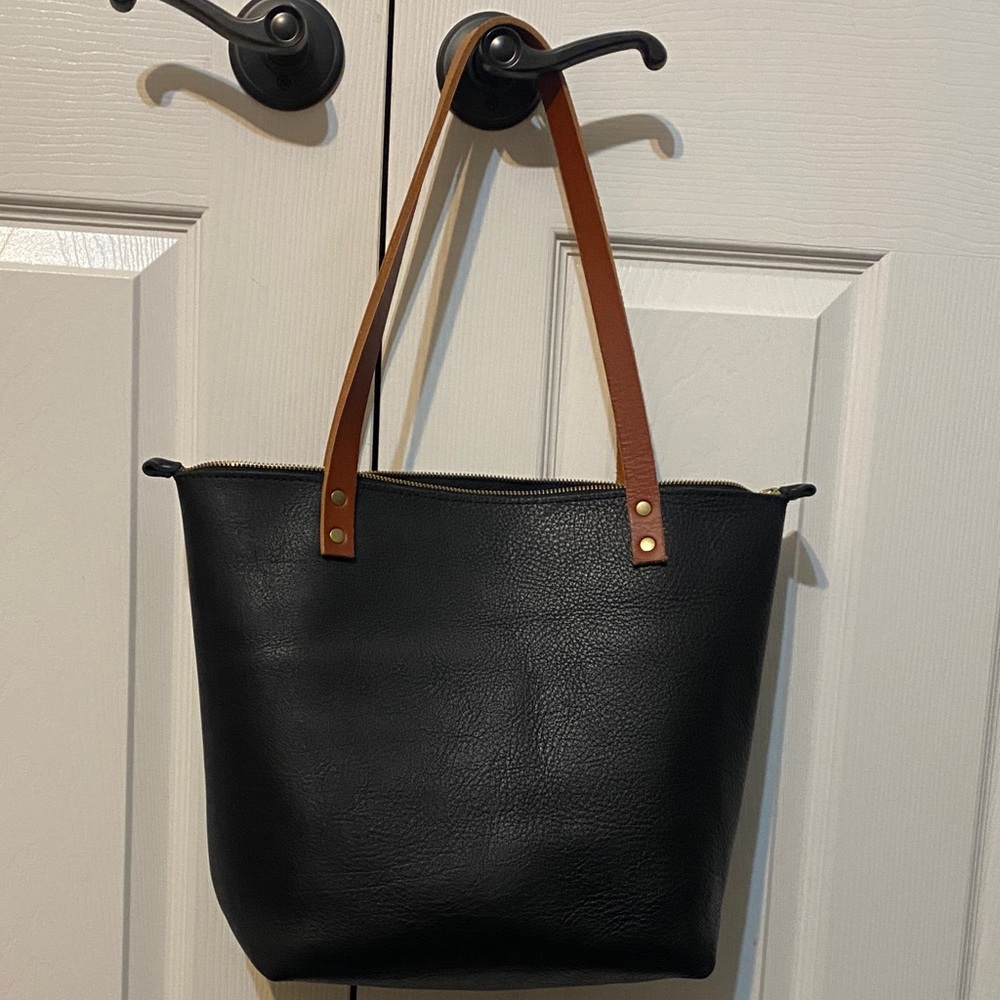 Portland Leather Black Tote with Tan Handles